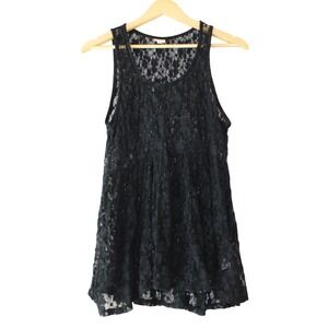 Mudd Lace Babydoll Tunic Tank Top Womens Large Black‎ Excellent Floral Sheer